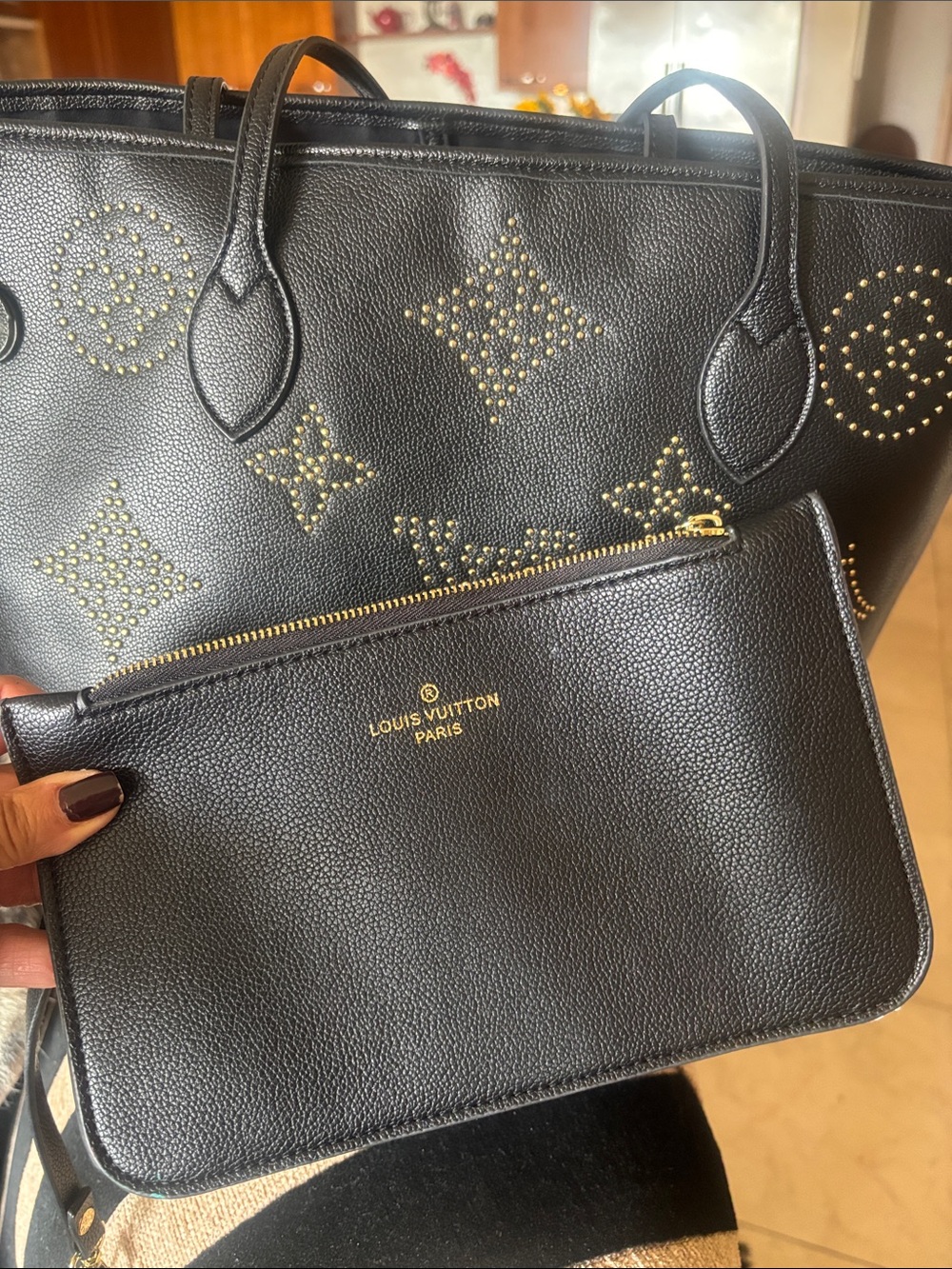 Black Perforated  fashion Monogram Studded Tote - Picture 8 of 11